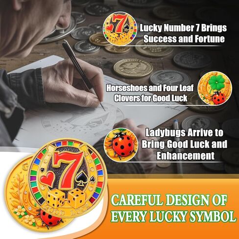 Original Double Sided Lucky Coin - Good Luck Charm Coin with Horseshoe, Four Leaf Clover, Ladybug and Lucky Number 7 Design - Poker Card Guard Gift for Good Luck, Prosperity and Success in Saudi Arabia