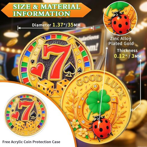 Original Double Sided Lucky Coin - Good Luck Charm Coin with Horseshoe, Four Leaf Clover, Ladybug and Lucky Number 7 Design - Poker Card Guard Gift for Good Luck, Prosperity and Success in Saudi Arabia