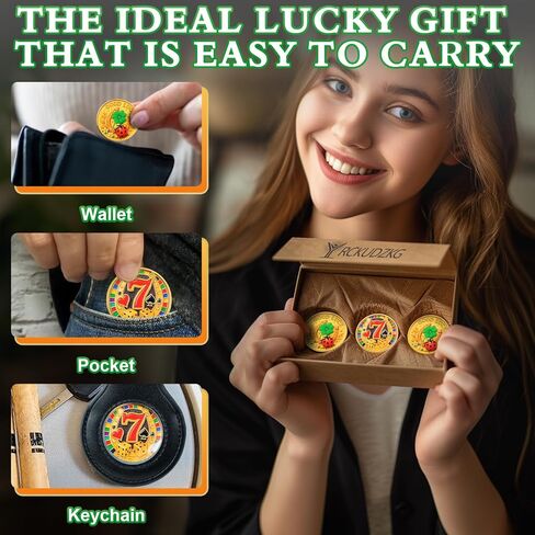 Original Double Sided Lucky Coin - Good Luck Charm Coin with Horseshoe, Four Leaf Clover, Ladybug and Lucky Number 7 Design - Poker Card Guard Gift for Good Luck, Prosperity and Success in Saudi Arabia