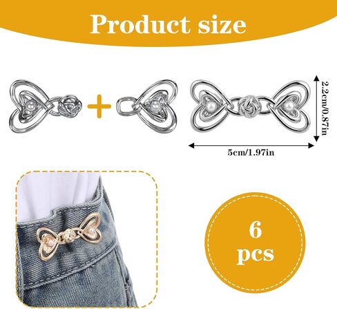 6Pcs Pant Waist Tightener, Heart Shaped Jean Buttons for Loose Jeans No Sew and No Tools Button Pins Adjustable & Detachable Waist Cincher Clip for Loose Women Jeans Clothing Dresses Skirts in Kuwait