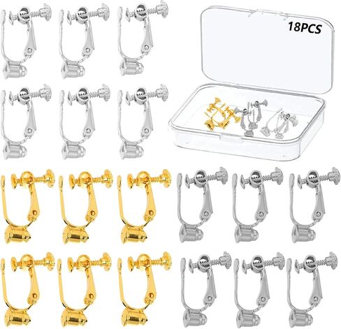18 Pcs Adjustable Clip-on Earring Converters for Non-Pierced Ears, Convert Pierced Earrings to Clip-ons, Comfortable Jewelry Making Kit in Silver, Gold & Bright Gray, Great for DIY & Wear in Saudi Arabia