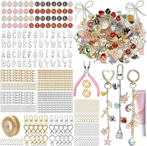 348Pcs Charms Lip Gloss Keychain Making Kit,DIY Craft with Charms,Key Chain Hooks,Jump Rings,Lobster Clasps,Chains & Tools,Bag Charm Kit,Keychains Make Supplies for DIY Crafting and Jewelry Making in Saudi Arabia