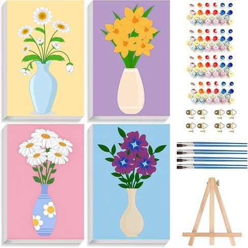 DIYGEMDOT 4 Pack Framed Paint by Numbers Kit for Adults - with Frame & Wooden Easel, DIY Easy Flowers Theme Adult Beginners Paint by Number Canvas Set for Home Decor and Gift (8x12 inches) in Saudi Arabia