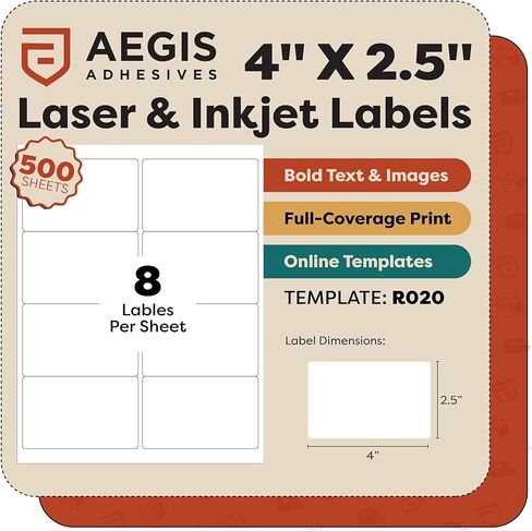 4" X 2.5" Matte White Printable Shipping Labels (500 Sheets, 4000 Stickers) Address and Mailing Labels for Laser & Inkjet Printers - Aegis Adhesives Template R020 in Kuwait