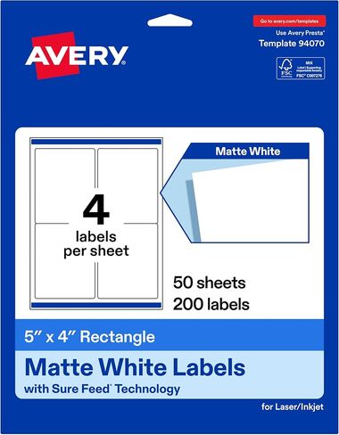 ملصقات مستطيلة بيضاء غير لامعة من Avery، مقاس 12.7 سم × 10.16 سم، تقنية التغذية المؤكدة، متوافقة مع طابعة الليزر/النافثة للحبر، إجمالي 100 ملصق قابل للطباعة، رائعة للعلامات التجارية والتعبئة والمزيد in Kuwait