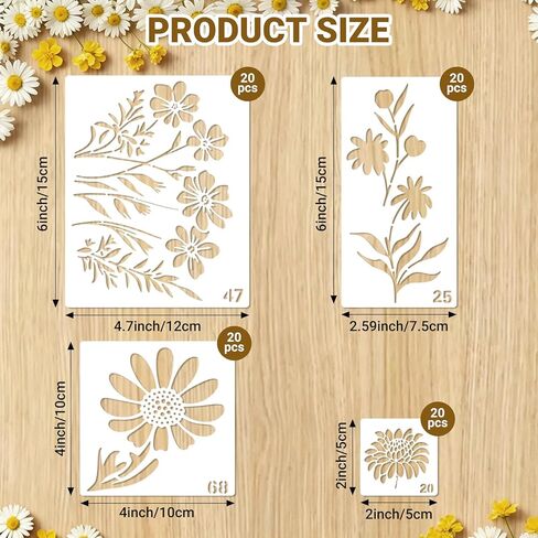 80Pcs Flower Stencils for Painting, Reusable Paint Stencil Set & Garden Stencil, Small Painting Stencils for Crafts, Wall Decor, Drawing, Scrapbooking (5.91x2.59in, 6x4.7in, 4x4in, 2x2in) in Kuwait