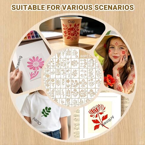 80Pcs Flower Stencils for Painting, Reusable Paint Stencil Set & Garden Stencil, Small Painting Stencils for Crafts, Wall Decor, Drawing, Scrapbooking (5.91x2.59in, 6x4.7in, 4x4in, 2x2in) in Kuwait