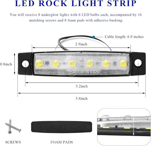 Sun Walker 8 قطع مصابيح LED لشريط الصخور، 3.77 بوصة مقاومة للماء 6 مصابيح LED لعلامات جانبية للسيارة، أدوات إضاءة جيدة لحاجز العجلة، توهج خارجي لمقطورة شاحنة السيارة (أبيض) in Kuwait