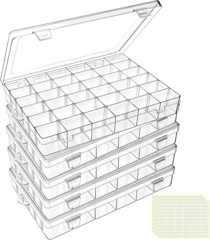 DILIBRA 5 Pack 36 Grids Large Plastic Organizer Box with Adjustable Dividers, Clear Craft Organizers Bead Organizers with Label Stickers, Compartment Container for Beads Crafts Jewelry Fishing Tackles in Saudi Arabia