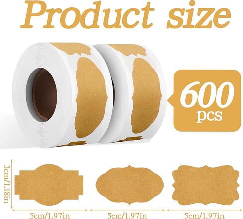 QDOAOF-600Pcs Gift Tags Stickers Name Labels Stickers, 2" x 1.2" Kraft Label Stickers Writable Gift Labels, Self-Adhesive Handmade Bottle All-Purpose (Brown-2 * 300 Pcs) in Saudi Arabia