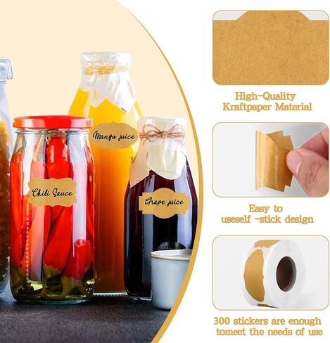 QDOAOF-600Pcs Gift Tags Stickers Name Labels Stickers, 2" x 1.2" Kraft Label Stickers Writable Gift Labels, Self-Adhesive Handmade Bottle All-Purpose (Brown-2 * 300 Pcs) in Saudi Arabia