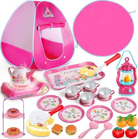 Kids Camping Set with Tent - Pop Up Tent, Indoor Outdoor Pretend Play with Tea Party Set for Little Girls, Princess Toys for Toddler Girls, Gift Idea for Girls Age 3 4 5 6 Year Old Birthday Christmas in Saudi Arabia