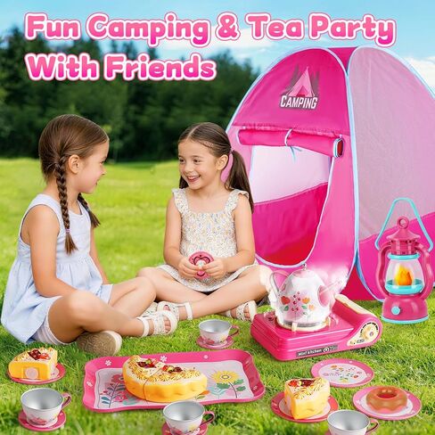 Kids Camping Set with Tent - Pop Up Tent, Indoor Outdoor Pretend Play with Tea Party Set for Little Girls, Princess Toys for Toddler Girls, Gift Idea for Girls Age 3 4 5 6 Year Old Birthday Christmas in Saudi Arabia