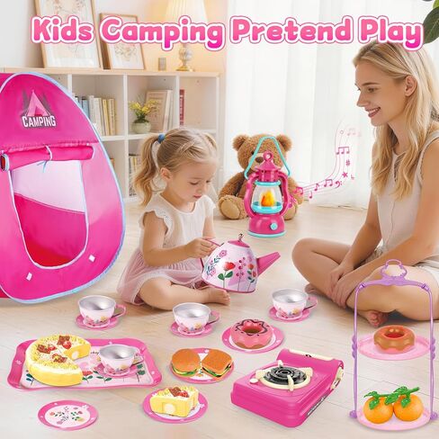 Kids Camping Set with Tent - Pop Up Tent, Indoor Outdoor Pretend Play with Tea Party Set for Little Girls, Princess Toys for Toddler Girls, Gift Idea for Girls Age 3 4 5 6 Year Old Birthday Christmas in Saudi Arabia