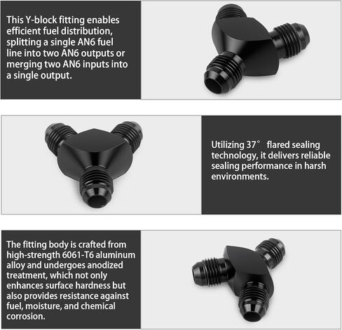 Y Block Flare Fitting AN6 Male to AN6 Male Hose Line Splitter 3-Way Adaptor Aluminum Black in Kuwait