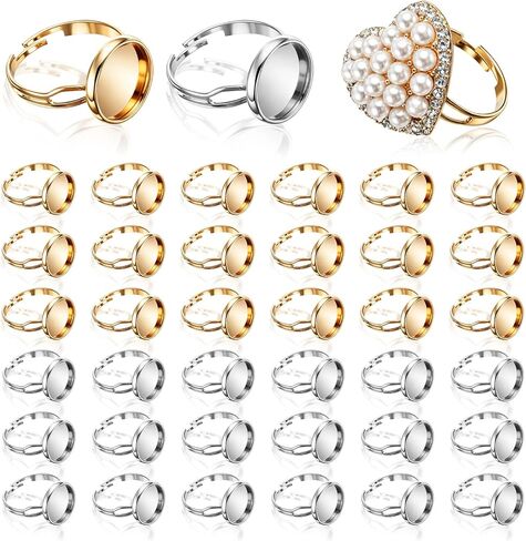 Zelphvt 40 Pcs Ring Blanks for Jewelry Making, 12mm DIY Adjustable Flat Blank Ring Settings for Crochet Without Stones Stainless Steel Rings for Crafts (Silver, Gold) in Kuwait