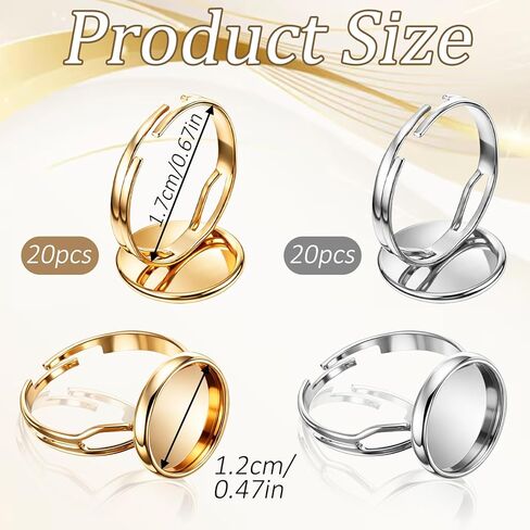 Zelphvt 40 Pcs Ring Blanks for Jewelry Making, 12mm DIY Adjustable Flat Blank Ring Settings for Crochet Without Stones Stainless Steel Rings for Crafts (Silver, Gold) in Kuwait