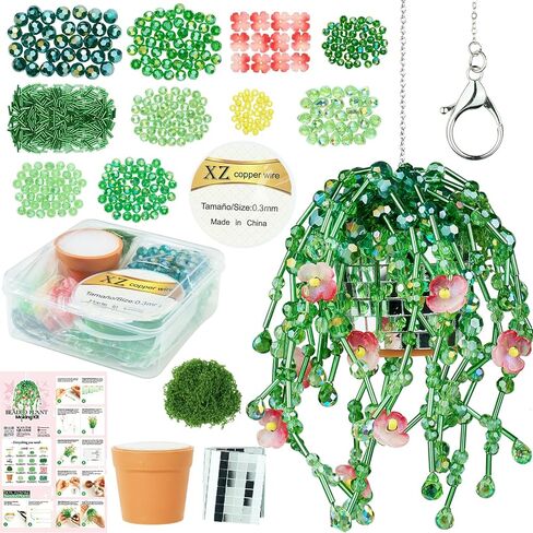 Beaded Plant Kit, Green Beads Kit for Beaded Plants Suncatcher Kits with Glass Crystal Beads, Pot, Chain, Faux Moss, Air Dry Clay, Instruction Booklet & Video Tutorial, Tabletop or Window Decor Gift in Saudi Arabia