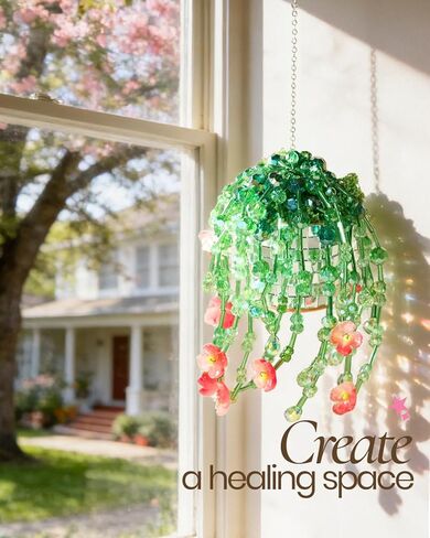 Beaded Plant Kit, Green Beads Kit for Beaded Plants Suncatcher Kits with Glass Crystal Beads, Pot, Chain, Faux Moss, Air Dry Clay, Instruction Booklet & Video Tutorial, Tabletop or Window Decor Gift in Saudi Arabia