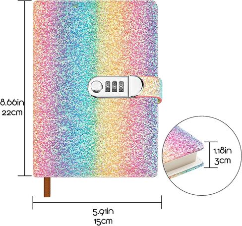 Rainbow Glitter Lockable Password Notebook A5 Journal with 3-Dial Combination Lock | Privacy Protection Diary & Study Planner (240 pages /120 sheets)​ in Kuwait