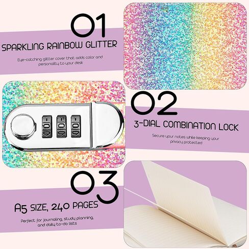Rainbow Glitter Lockable Password Notebook A5 Journal with 3-Dial Combination Lock | Privacy Protection Diary & Study Planner (240 pages /120 sheets)​ in Kuwait