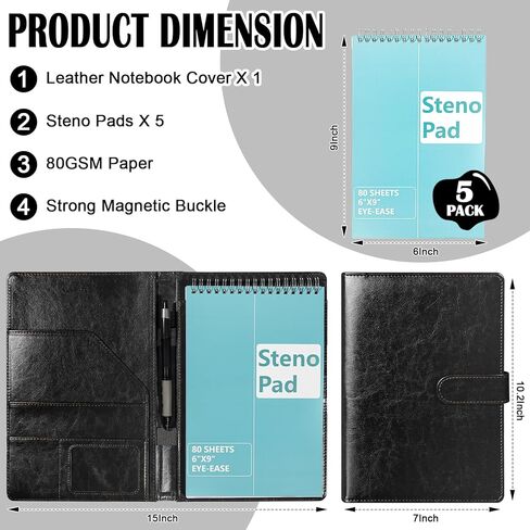 PU Leather Steno Pads Holder With 5 Pcs 6 x 9 spiral bound steno notepad Steno Pad Cover Business Padfolio Organizer With Pen Loop for Men Office(Black) in Saudi Arabia