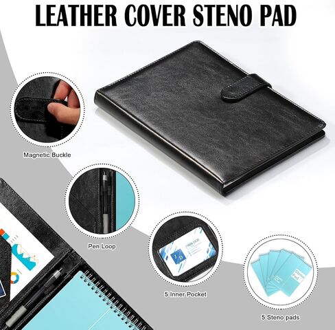 PU Leather Steno Pads Holder With 5 Pcs 6 x 9 spiral bound steno notepad Steno Pad Cover Business Padfolio Organizer With Pen Loop for Men Office(Black) in Saudi Arabia