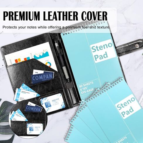 PU Leather Steno Pads Holder With 5 Pcs 6 x 9 spiral bound steno notepad Steno Pad Cover Business Padfolio Organizer With Pen Loop for Men Office(Black) in Saudi Arabia