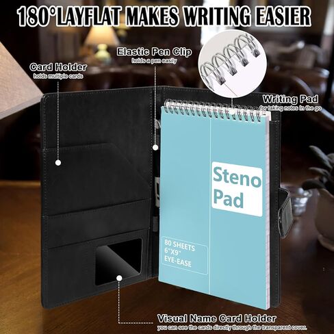 PU Leather Steno Pads Holder With 5 Pcs 6 x 9 spiral bound steno notepad Steno Pad Cover Business Padfolio Organizer With Pen Loop for Men Office(Black) in Saudi Arabia