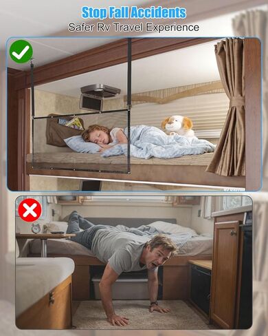 شبكة أمان للسرير بطابقين RV مع أجهزة كاملة مقاس 45 × 24 بوصة حاجز حماية شبكي قابل للتعديل للأسرة العلوية، حماية من السقوط لمقطورة التخييم المتنقلة للعجلات الخامسة، تناسب إطارات السرير الخشبية فقط in Kuwait