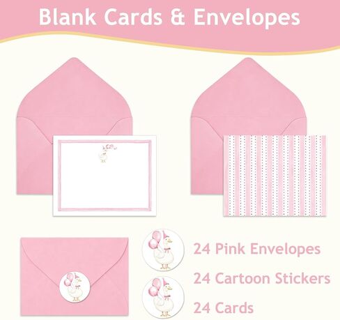 Whaline 24Pcs Silly Goose Flat Blank Notes with Envelopes Blank Index Cards Pink Stripe Goose Non Folding Double-Sided Note Cards for Baby Shower Birthday, 5.5 x 4.3 Inch in Kuwait