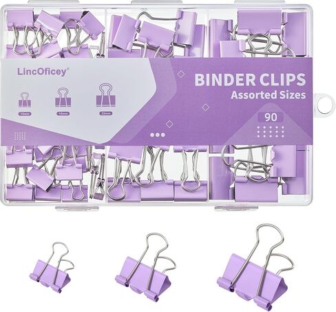 90 Count Binder Clips Assorted Sizes, Paper Binder Clips (0.6inch 0.75inch 1inch), Metal Paper Clamps for Office and Home, Purple in Saudi Arabia