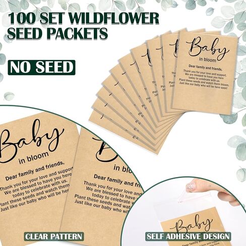 Fumete 100 Sets Baby Shower Seed Packet Favors Plastic Self Adhesive Bags Wildflower Baby in Bloom Kraft Organizer Storage Bag for Party Gift Favors, No Seeds(Classic) in Kuwait