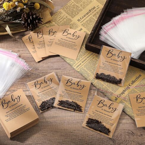 Fumete 100 Sets Baby Shower Seed Packet Favors Plastic Self Adhesive Bags Wildflower Baby in Bloom Kraft Organizer Storage Bag for Party Gift Favors, No Seeds(Classic) in Kuwait