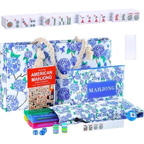 Mahjong Set Complete with Blue Carrying Bag, 166 White Mahjong Tiles（1.2"）, 4 All-in-One Colorful Mahjong Racks with Pushers, Majiang Tile Set in Saudi Arabia