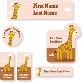 ملصقات أسماء مخصصة للأطفال - ملصقات مخصصة مقاومة للماء للرعاية النهارية والمدرسة، آمنة للاستخدام في غسالة الأطباق والغسيل (الزرافة - أرجواني) in Kuwait