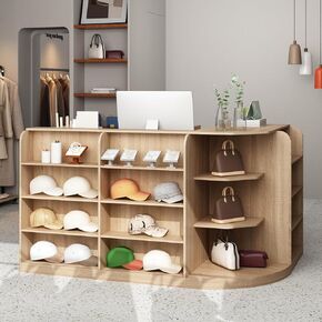 AIEGLE Reception Desk with Counter, 70.9" W Modern Retail Checkout Counter w/Drawers & Open Shelves, L-Shaped Oak Front Desk Reception Table with Storage Cabinet for Salon, Lobby, Office in Saudi Arabia