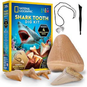 National Geographic Shark Tooth Dig Kit – Excavate Replica Teeth Fossils from Ancient Sharks and Make a Shark-Tooth Necklace, STEM Science Kit for Kids Ages 6-8, Educational Fossil Dig Activity in Kuwait