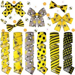 Yingzhao 6 Rolls 20 Yards Bee Ribbon Dot Wired Edge Yellow Black Dots Plaid Strip Ribbon Summer Fabric Craft Decoration for DIY Gift Wrapping Party Decor Hair Bow Sewing in Saudi Arabia