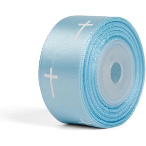 Religion Satin Ribbon for Gift Wrapping Bows Craft DIY Projects - 10 Yards - Blue with White Cross Printing - 1 Inch Width/10 Yards per roll in Saudi Arabia