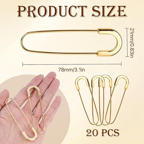 Supkiir 20 Pcs Large Safety Pins, 3 Inch Metal Heavy Duty Safety Pin, Gold Giant Sewing Pins Bulk for Clothing, Quilting, Shawls, Canvas, Pants, Waist Fastening and DIY Sewing in Kuwait