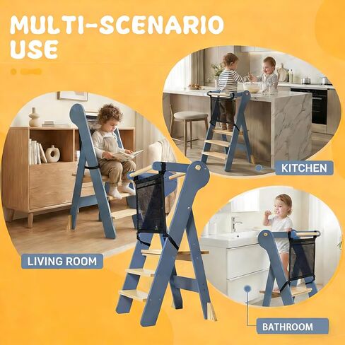 Foldable Toddler Tower, Kids Kitchen Step Stool, Height Adjustable Montessori Toddler Standing Tower with Safety Rail & Anti-Slip Design, Wooden Helper Stool for Ages 1–6 (Blue Gray) in Saudi Arabia