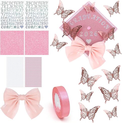 Graduation Cap Decorations Kit - 20 Pcs DIY Grad Cap Decorations Set, 3D Butterfly Rhinestones Pearl Letter Number Stickers Bow Ribbon for Hat Topper Crafts, 2026 Graduation Party Supplies in Saudi Arabia