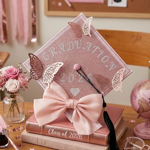 Graduation Cap Decorations Kit - 20 Pcs DIY Grad Cap Decorations Set, 3D Butterfly Rhinestones Pearl Letter Number Stickers Bow Ribbon for Hat Topper Crafts, 2026 Graduation Party Supplies in Saudi Arabia
