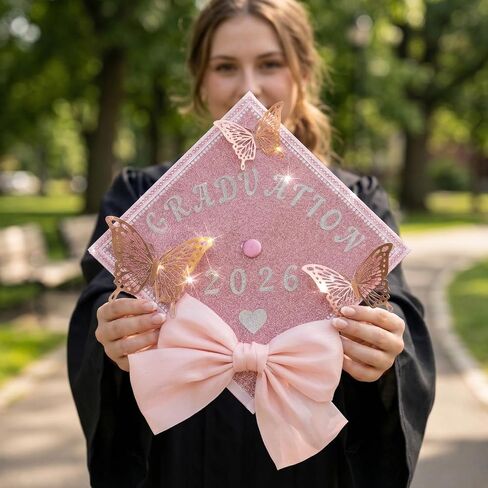 Graduation Cap Decorations Kit - 20 Pcs DIY Grad Cap Decorations Set, 3D Butterfly Rhinestones Pearl Letter Number Stickers Bow Ribbon for Hat Topper Crafts, 2026 Graduation Party Supplies in Saudi Arabia