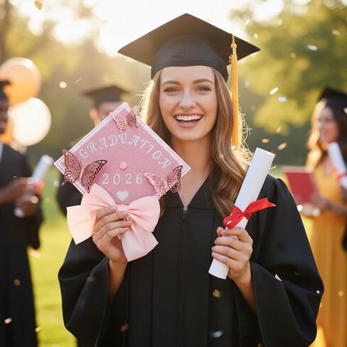 Graduation Cap Decorations Kit - 20 Pcs DIY Grad Cap Decorations Set, 3D Butterfly Rhinestones Pearl Letter Number Stickers Bow Ribbon for Hat Topper Crafts, 2026 Graduation Party Supplies in Saudi Arabia