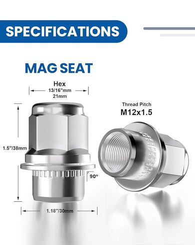GAsupply 12x1.5 Lug Nuts Mag Seat, Closed End Chrome M12x1.5 Wheel Lug Nut, 1.46" 37mm Tall 13/16" 21mm Hex Flat Seat, 4 Pack in Saudi Arabia