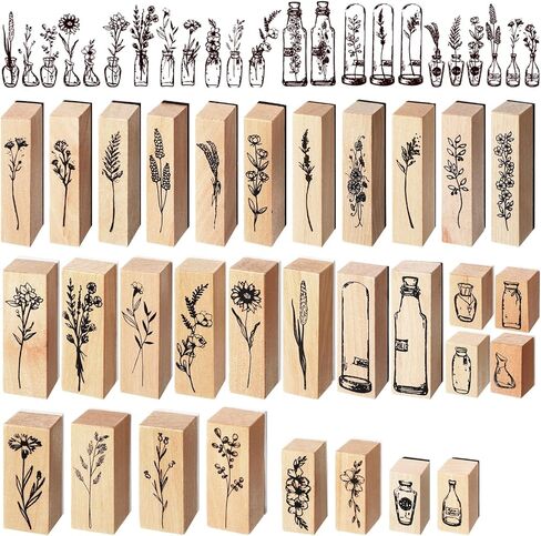 31 Pcs Flower Wooden Rubber Stamps, Vintage Wood Stamp Sets for Crafts Floral Stamps for Junk Journaling Cute Stamp Art in Kuwait