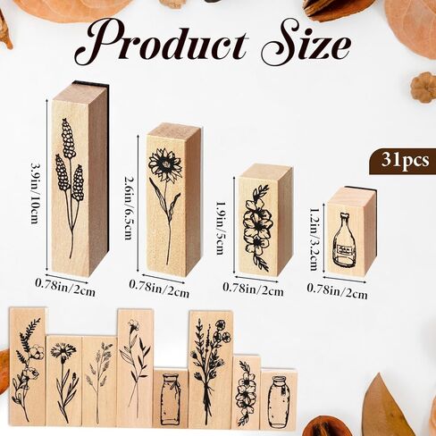 31 Pcs Flower Wooden Rubber Stamps, Vintage Wood Stamp Sets for Crafts Floral Stamps for Junk Journaling Cute Stamp Art in Kuwait