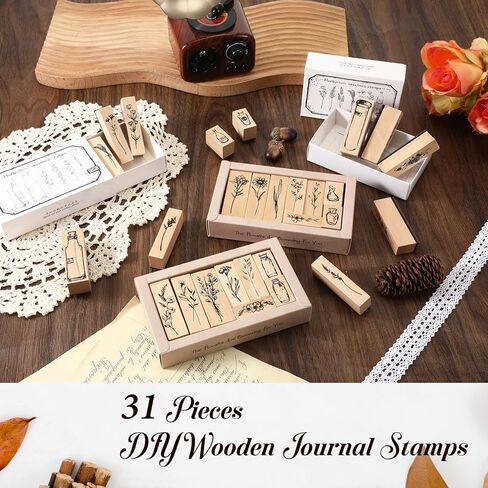 31 Pcs Flower Wooden Rubber Stamps, Vintage Wood Stamp Sets for Crafts Floral Stamps for Junk Journaling Cute Stamp Art in Kuwait